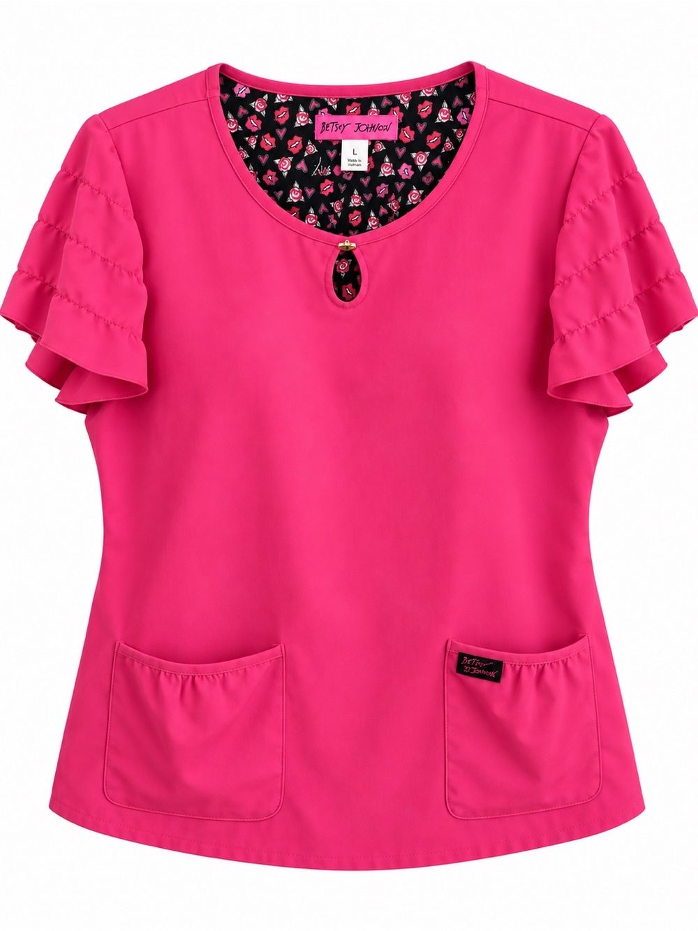Betsey Johnson Hot Pink Ruffle Sleeve Scrub Top